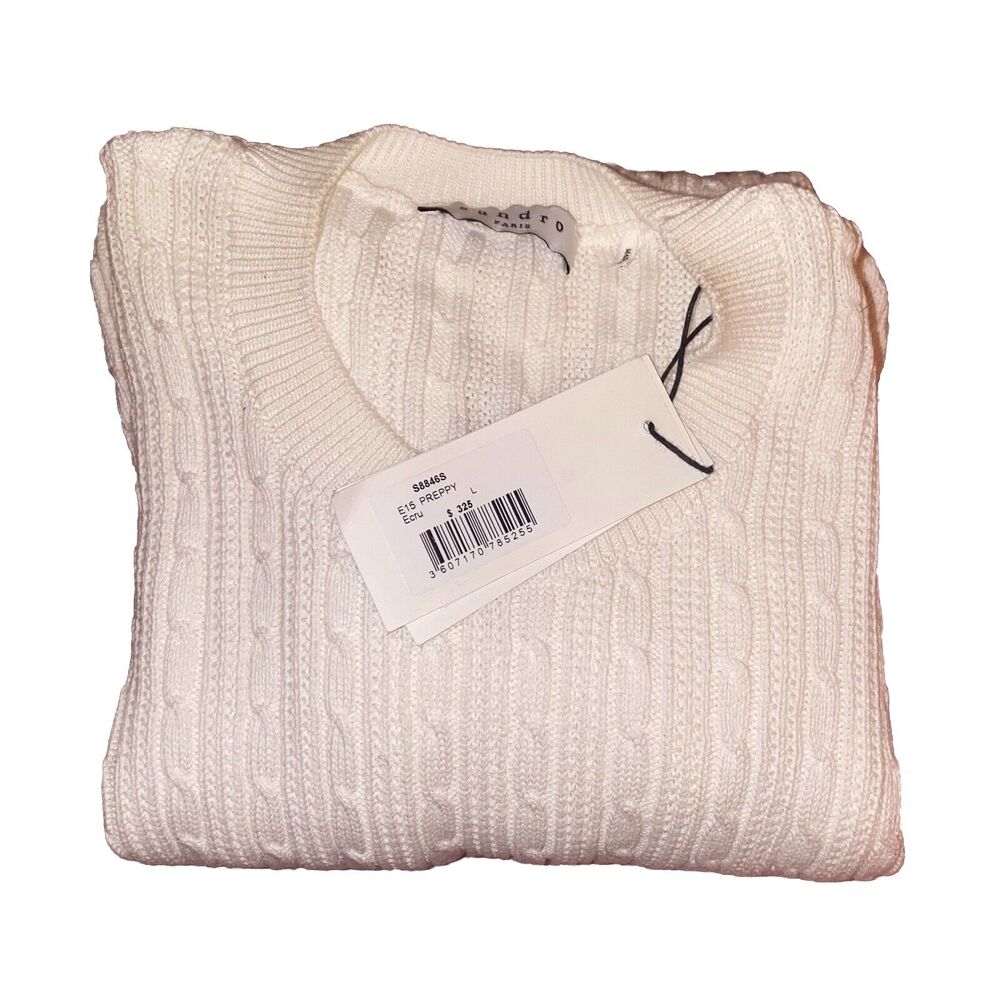 Sandro Paris Mens Sweater Sz Large Ecru Beige 100% Cotton Cable‎ Knit NWT